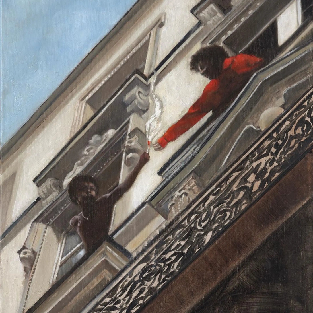 painting of 2 men hanging out of hotel in paris